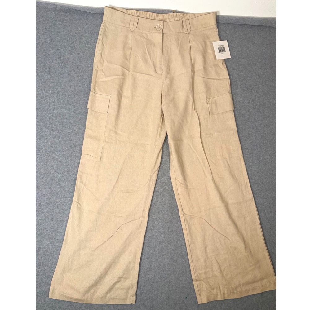Ellen Tracy Cargo Pants Womens Large Wide Leg Linen Blend Utility Tan NWT